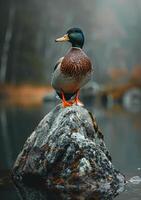 AI generated Duck sits on stone in the water in the rain photo
