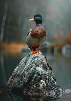 ai generado Pato se sienta en Roca en el agua en el lluvia foto