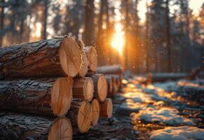 ai generado registros en el bosque a puesta de sol. un apilar de cortar arboles en el bosque con un aplicación icono cubrir foto