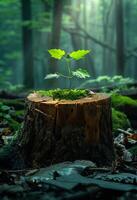 ai generado un árbol tocón con un verde brote creciente desde eso foto