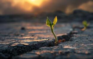 ai generado pequeño planta es creciente en el seco agrietado suelo foto