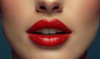 ai generado mujer es vistiendo rojo lápiz labial y su labios son pintado brillante rojo. foto