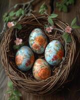 ai generado Pascua de Resurrección huevos en nido con flores foto