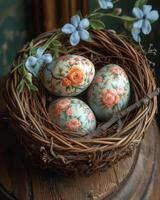 AI generated Easter eggs in nest with flowers. Some painted nesting easter eggs are sitting in a basket on an old wooden table photo