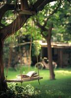 AI generated Book and swing in the garden. An old wooden swing hanging from a tree in front photo