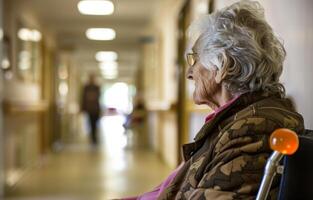 AI generated Elderly woman in wheelchair sitting in corridor of nursing home photo