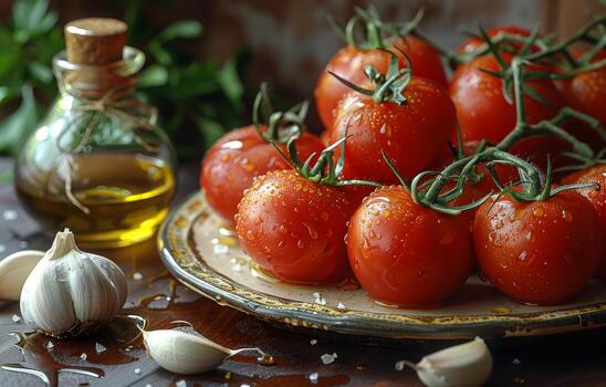 ai generado Tomates y ajo en lámina. un plato con Tomates y ajo y un petróleo tarro foto