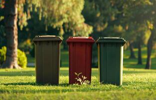 AI generated Three trash cans in the park. Three trash cans arranged in line on a grassy area photo