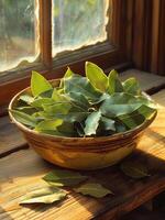 AI generated Bay leaves in bowl on wooden table photo