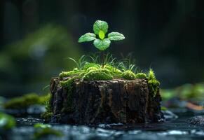 AI generated Small tree and lush green plant grow on stump in forest. photo