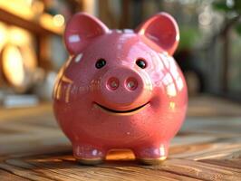 AI generated Pink piggy bank stands on wooden table the concept of saving money photo