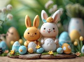 AI generated Cute easter bunny and chick in spring garden. Easter holiday concept. photo