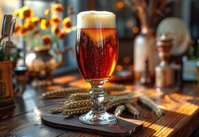 AI generated Glass of dark beer on wooden table in pub photo