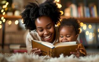 ai generado madre y niño leyendo libro juntos foto