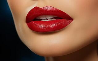 AI generated Beautiful woman with red lips. Close-up of beautiful woman with bright red lipstick on her lips. photo