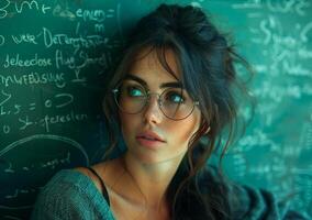 AI generated Beautiful young woman in glasses stands near the blackboard photo