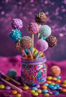 AI generated Colorful cake pops in glass jar and candies on purple background photo