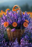 AI generated Basket with bouquet of lavender and orange gerberas on the field at sunset photo