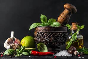 AI generated Fresh herbs and spices on dark background photo