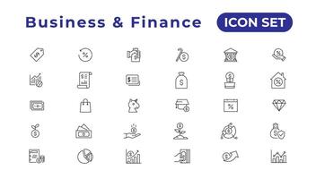 Finanzas icono colocar. conteniendo préstamo, dinero en efectivo, ahorro, financiero meta, ganancia, presupuesto, mutuo fondo, ganador dinero y ingresos íconos vector