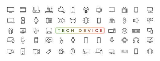 dispositivo y tecnología línea icono colocar. electrónico dispositivos y artilugio, computadora, equipo y electrónica. computadora monitor, teléfono inteligente, tableta y ordenador portátil sumbol colección - valores ... vector