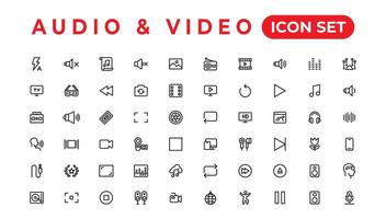 paquete de iconos de audio y video. conjunto de iconos de línea delgada. conjunto de colección de iconos planos. iconos vectoriales simples vector