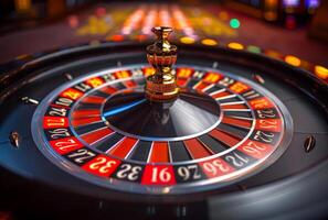 AI generated Roulette table in the casino. The rapid spin of a roulette wheel photo