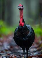 AI generated Turkey stands in the rain on wet forest floor. photo