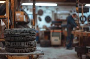 AI generated Car tires are on the table in the background of the workshop photo