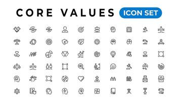 Core value icon banner collection. Containing innovation, goals, responsibility, integrity, customers, commitment, quality, teamwork, reliability and inclusion. Vector solid collection of icons