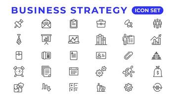 Business strategy set of web icons in line style. Business solutions icons for web and mobile app. Action List, research, solution, team, marketing, startup, advertising, business process vector