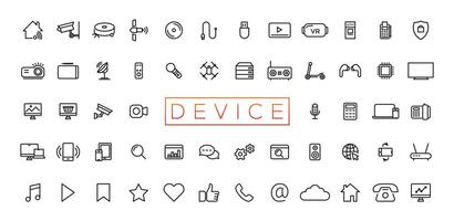 Device and technology line icon set. Electronic devices and gadgets, computer, equipment and electronics. Computer monitor, smartphone, tablet and laptop sumbol collection vector