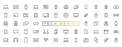 Device and technology line icon set. Electronic devices and gadgets, computer, equipment and electronics. Computer monitor, smartphone, tablet and laptop sumbol collection - stock ... vector