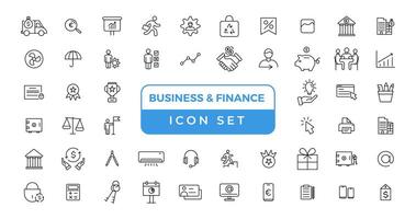 business and finance editable stroke line icon set with money, bank, check, law, auction, exchance, payment, wallet, deposit, piggy, calculator, web and more isolated outline thin symbol. vector