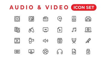 paquete de iconos de audio y video. conjunto de iconos de línea delgada. conjunto de colección de iconos planos. iconos vectoriales simples vector