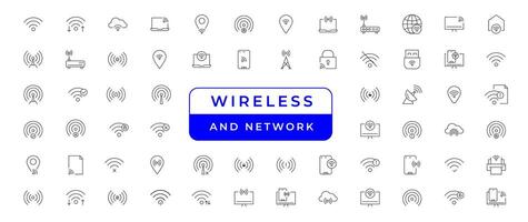 Wireless and Network vector line icon set. Contains linear outline icons like Connection, Signal, Internet, Phone, Radio, Computer, Wifi, Communication, Antenna