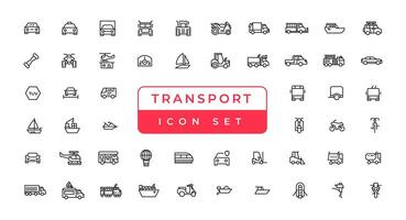 elementos de transporte, vehículos y entrega: conjunto mínimo de iconos web de línea delgada. colección de iconos de contorno. ilustración vectorial simple. vector