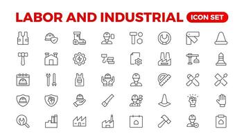 Labor and Industrial icon set. Line set of Engineer, Gear, and Gears mechanical machine icons. Manufacturing and Engineering line icon set. Production, Setting, Industrial Factory,  Labour, vector