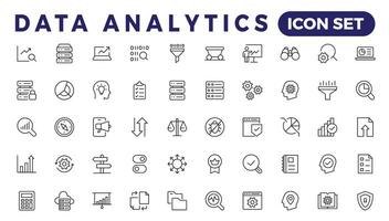 datos analítica web íconos conjunto en Delgado línea diseño. paquete de base de datos, grande datos proceso, ai, supervisión, tráfico, hospedaje servicio, mejoramiento, respaldo, gráfico y otro. vector contorno carrera icono diseño