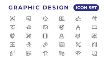 Set of thin line icons of graphic design. Simple linear icons in a modern style flat, Creative Process. Graphic design, creative package, stationary, software and more vector