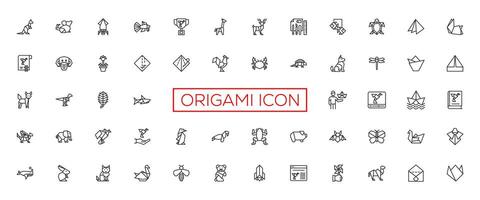 Origami, animals folded from paper thin line icons, penguin, camel, fox, bear, fish, mouse, bird, elephant, kangaroo, hare, seal, raccoon. Modern vector illustration