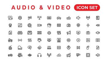 paquete de iconos de audio y video. conjunto de iconos de línea delgada. conjunto de colección de iconos planos. iconos vectoriales simples vector