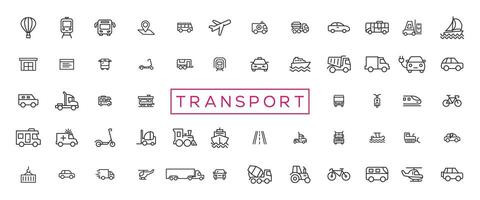 transporte, vehículo y entrega elementos - mínimo Delgado línea web icono colocar. contorno íconos colección vector