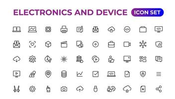 electrónica y dispositivo líneas icono colocar. electrónico dispositivos y artilugio, computadora, equipo y electrónica. computadora monitor, teléfono inteligente, tableta y ordenador portátil sumbol recopilación. vector