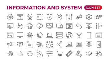 Global Connection, Cloud Data Technology Services, Information Line Icons. Programming coding set of web icons. Software development for and mobile app. Code,  information technology, coder more. vector