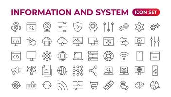 Global Connection, Cloud Data Technology Services, Information Line Icons. Programming coding set of web icons. Software development for and mobile app. Code,  information technology, coder more. vector