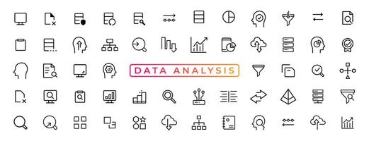 Big data analysis thin line icon set. Data processing outline pictograms for website and mobile app GUI. Digital analytics simple UI, UX vector icons