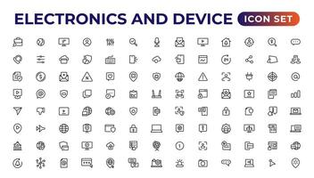 electrónica y dispositivo líneas icono colocar. electrónico dispositivos y artilugio, computadora, equipo y electrónica. computadora monitor, teléfono inteligente, tableta y ordenador portátil sumbol recopilación. vector