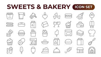 Sweets and Bakery icon set. Food icon collection. Containing meal, restaurant, dishes, and fruit icons. Set of outline icons related to food and drink. Linear icon collection. Outline icon collection. vector