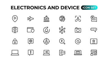 electrónica y dispositivo líneas icono colocar. electrónico dispositivos y artilugio, computadora, equipo y electrónica. computadora monitor, teléfono inteligente, tableta y ordenador portátil sumbol recopilación. vector